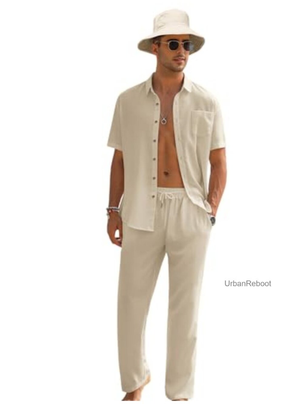 Men's 3-Piece Linen Outfit Short Sleeve Button Down Shirt Long Pants with Hat